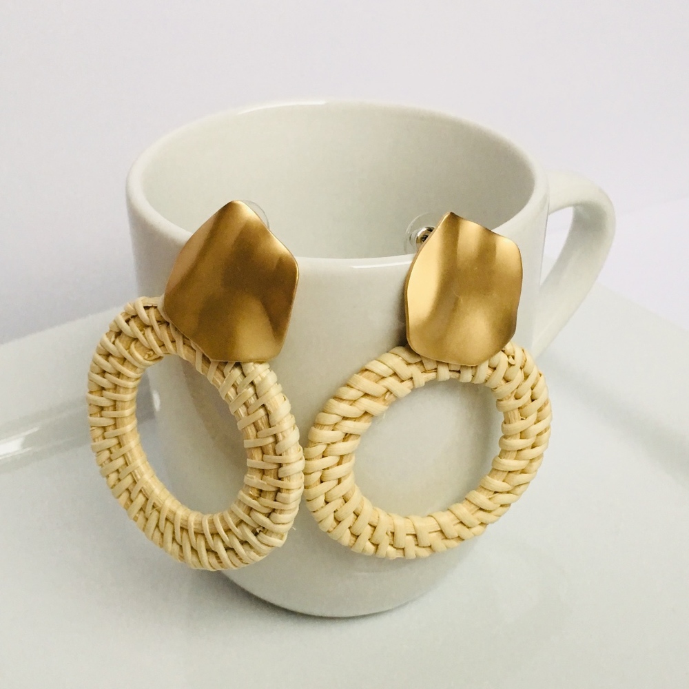 Rattan Woven Wicker Earrings with Gold Accent Stud - Picture 2 of 5